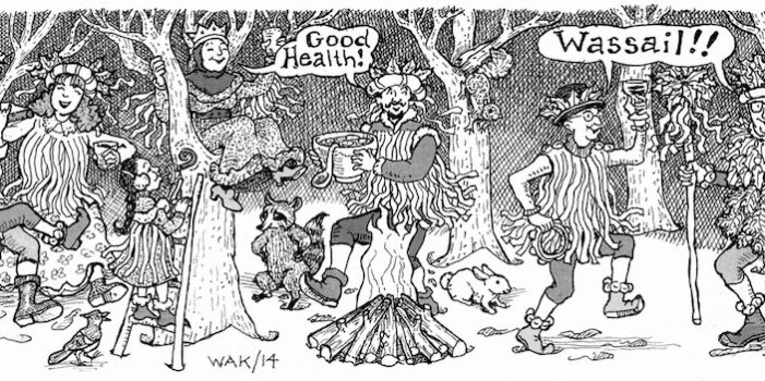 Wassail! A cartoon of the happy early practice of wassailing the trees in orchards